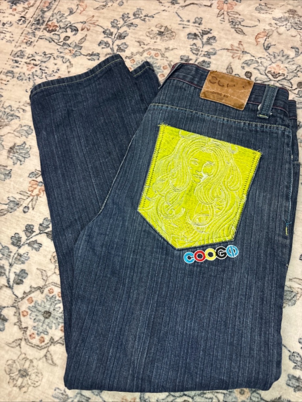 COOGI Men’s Dark Blue Jeans with Lime Green Embroidered Back Pocket